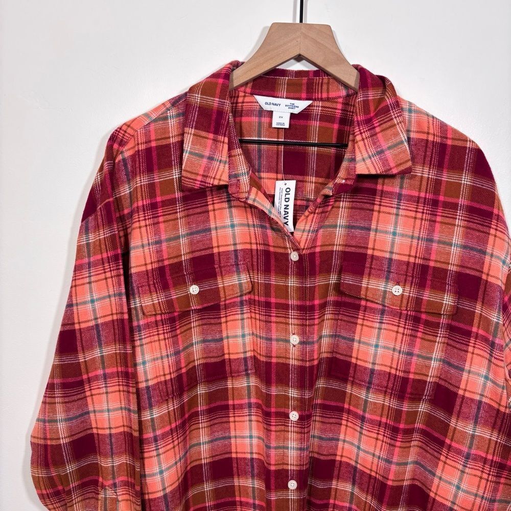 Old Navy Orange Red Long-Sleeve Tunic Boyfriend Plaid Flannel Shirt NWT 2X - Picture 7 of 16